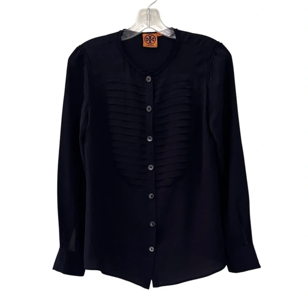 Tory Burch 100% Silk Dark Blue Button Up Blouse Shirt Top